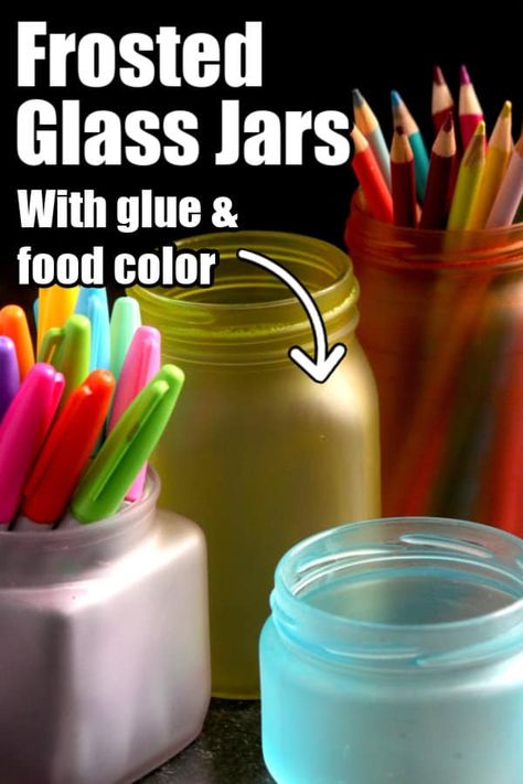 Give glass jars a frosted effect with a bit of glue and a few drops of food colouring. They're gorgeous for storing pens, pencils, paintbrushes, etc. #HappyHOoligans #Kids #Crafts #Activity #Art #Glass #Jar #Frosted #Glue #FoodColor Glue And Food Coloring Mason Jar, How To Dye Glass Jars, How To Colour Glass Bottles, How To Paint Jars, Frosting Glass Diy, Coloring Glass Jars, How To Frost Glass Jars, How To Paint Glass Jars, What To Do With Glass Jars