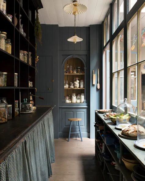 Moody Pantry, Pink Dining Rooms, Trading Places, Natural Wood Flooring, Pink Curtains, Dark And Moody, The Home Edit, Antique Fireplace, London Apartment