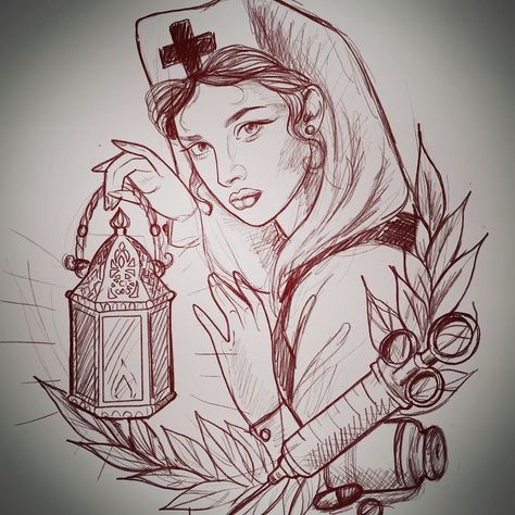 Florence Nightingale Tattoo, Nightingale Tattoo, Florence Tattoo, Nurse Drawing, Classy Tattoos For Women, Lamp Tattoo, Tattoo Sleeve Filler, Tribute Tattoos, Nurse Tattoo