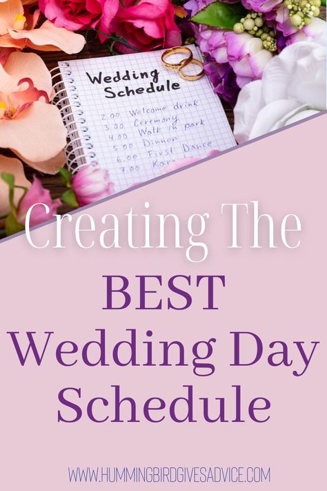 Most weddings have a tried and true flow to their schedule that just makes sense. This post breaks down your wedding day into sections, so you know what to plan to do during each one. From the morning of your wedding day, to the afternoon and evening, it's got advice on getting ready, fitting in the right amount of time for wedding photos, and having a fantastic reception for your wedding guests. // wedding day schedule // weddings // bride // wedding guest // wedding party // groom // brides Hummingbird Wedding, Wedding Planner Checklist, Wedding Day Schedule, Wedding Tools, Wedding Planner Business, Wedding Schedule, Day Schedule, Wedding Guest List, Wedding Activities