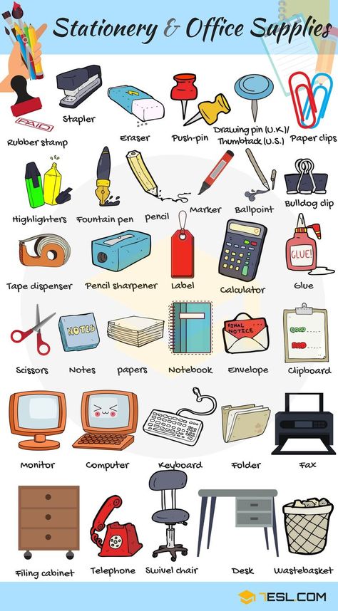 Useful list of Stationery and Office Supplies you may find in the office. Stationery is a mass noun referring … Tools Vocabulary, Office Supplies List, Vocabulary In English, Learning English For Kids, English Vocab, English Verbs, English Language Teaching, English Writing Skills, English Lessons For Kids