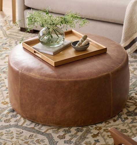 Ottoman | Rejuvenation Authentic Tufted Ottoman Leather Pouf-Round Ottoman Coffee Table Pouf-Round Tufted Living Room Pouf-Circle mid table-Boho chic ottoman Living Room With Leather Ottoman, Large Round Ottoman Coffee Table, Round Coffee Table Ottoman, Brown Leather Ottoman Living Rooms, Round Ottoman With Tray, Round Leather Ottoman Coffee Table, Living Room Ottoman Ideas, Coffee Table Ottoman With Storage, Leather Ottomans Living Room