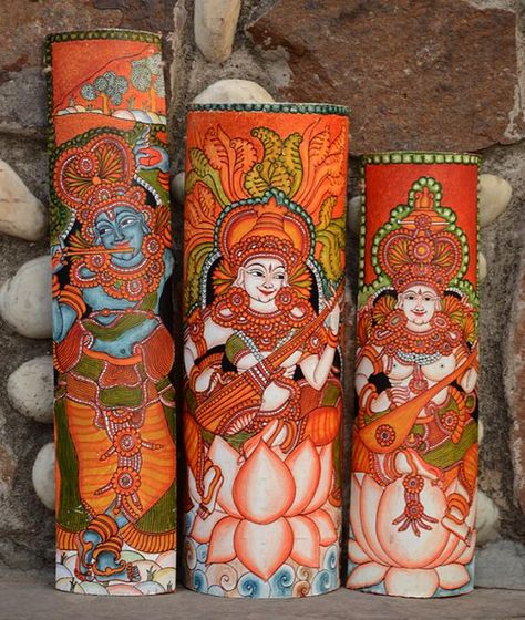 Kerla Murals, Bamboo Art Diy, Bamboo Mural, Kerala Painting, Pattachitra Art, Painting Bamboo, Mural Paintings, Diy Mural, Indian Arts