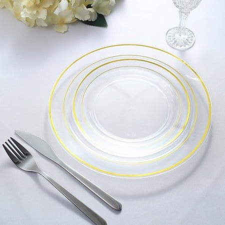 Create an elegant and sophisticated presentation at your upcoming special event or a festive meal with these classy disposable plastic plates. Our astounding collection of Tres Chic plastic plates combines the convenience of plastic with the charismatic appeal of real china. Duly named Tres Chic, a French word for something very stylish and fashionable, these double metallic rimmed plates look highly swish and classy. Size: 7.5".  Color: Gold. Rimmed Plates, Plastic Plates Wedding, Disposable Plastic Plates, French Word, Plastic Plates, Party Tableware, Tres Chic, Special Event, Wedding Party