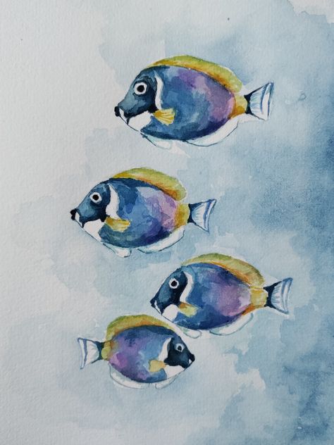 Fishes Watercolor Painting, Watercolor Fish Painting Simple, Watercolor Tropical Fish, Watercolour Fish Easy, Fish Watercolor Painting Easy, Watercolour Fish Paintings, Watercolor Fish Simple, Watercolor Aquarium, Watercolor Animals Simple