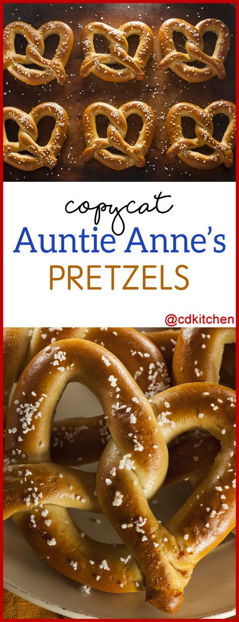 Copycat Aunt Annie's Soft Pretzels - Just like the pretzels you get at the mall, but even better since you can make them at home! - Made with , water, active dry yeast, brown sugar, salt, bread flour, flour, baking soda, coarse salt, butter | CDKitchen.com Homemade Pretzels Recipe, Soft Pretzels Recipe, Auntie Annes Pretzels, Salt Bread, Auntie Anne, Soft Pretzel Recipe, Homemade Pretzels, Homemade Soft Pretzels, Active Dry Yeast