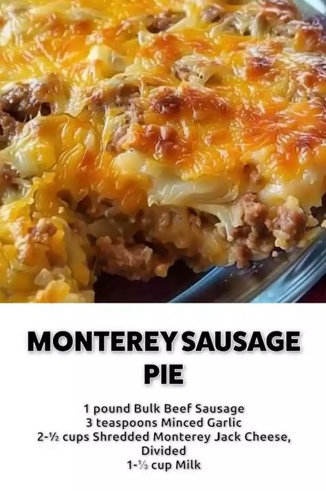 MONTEREY SAUSAGE PIE – 99easyrecipes Sausage Pie Recipe, Ground Sausage Recipes, Sausage Pie, Meat Entrees, Pork Sausage Recipes, Sage Sausage, Coconut Custard Pie, Bisquick Recipes, Breakfast Casseroles