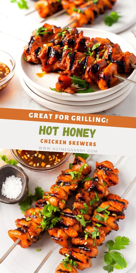 These hot honey chicken skewers are perfect for summer grilling! Packed full of sweet and spicy flavor you're going to love this simple chicken thigh recipe. Chicken Thigh Skewers Kebab Recipes, Hot Honey Chicken Skewers, Hot Honey Chicken Marinade, Hot Honey Recipe Ideas, Hot Honey Grilled Chicken, Honey Marinade For Chicken, Honey Chicken Skewers, Spicy Chicken Skewers, Party Skewers