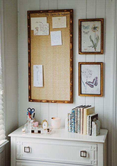 Gallery Wall With Bulletin Board, Above Desk Art, Wayfair Dresser, Bulletin Board Ideas For Home, Desk Bulletin Board, Bulletin Board Ideas For Bedroom, Office Bulletin Board, Mid Century Cottage, Floral Pictures