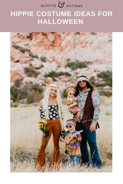 Hippie Costume Ideas, Halloween Hippie Costume, Hippie Costume Diy, Family Costumes For 3, Matching Family Halloween Costumes, Costume Ideas For Halloween, Hippie Costume Halloween, Creative Costume, 70s Costume