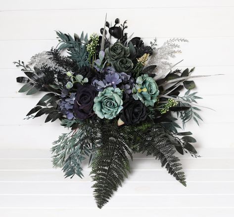 "Black deep moss green wedding bouquet, black deep green Halloween bouquet gothic black navy green bouquet black deep moss green wedding The photo shows a Bridal bouquet XL (27\"* 22\" ) The bouquet consists of fabric flowers. Bridesmaids bouquet: Approximate Length: 12\" Approximate width: 12\" Bridal bouquet: Approximate Length: 18\" Approximate width: 15\" Bridal bouquet XL: Approximate Length: 27\" Approximate width: 22\" . The normal time of air delivery: ♥ -USA- 14-30 day ♥ -Europe- 12-20 day ♥ -Canada, Australia- 10-30 day Usually 10-17 business days, but sometimes there are delays on the custom. -Please make sure you allow enough time for your order to arrive." Slytherin Bouquet, Black And Green Wedding, Wedding Bouquet Black, Moss Green Wedding, Teal Bouquet, Navy Wedding Theme, Halloween Bouquet, Midnight Blue Wedding, Black Succulents