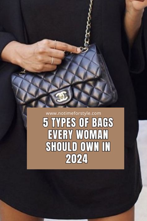 Elevate your fashion game in 2024 with our guide to the '5 Types of Bags Every Woman Should Own.' Discover must-have handbags for versatility and style. Stay chic and organized! #FashionTrends#HandbagEssentials#2024Style#WardrobeMustHaves#BagGoals#FashionInspiration#AccessorizeRight#EverydayElegance#VersatileBags#FashionistaTips Black Outfit White Bag, Chain Purse Outfit, Best Chanel Bags, Classic Chanel Bag Outfit, Quiet Luxury Purse, Bags Every Woman Should Own, Designer Handbags Outfits, Fashion Bags 2024 Trend, Chanel 19 Bag Outfit