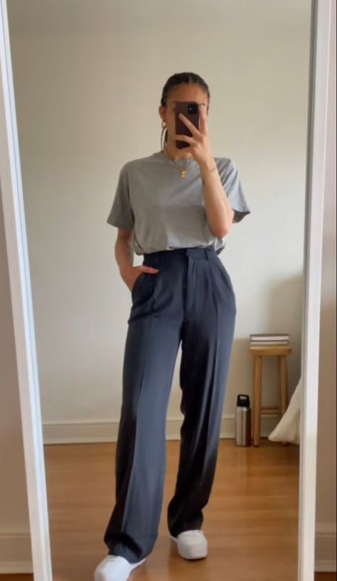 T Shirt And Slacks Outfit, How To Style Trousers Women Casual, Business Casual Outfits Healthcare, Cool Girl Business Casual, Casual Job Outfit, Women Trousers Outfits Casual, Sporty Professional Outfits, Fall Work Outfits 2023, Clean Girl Work Outfits