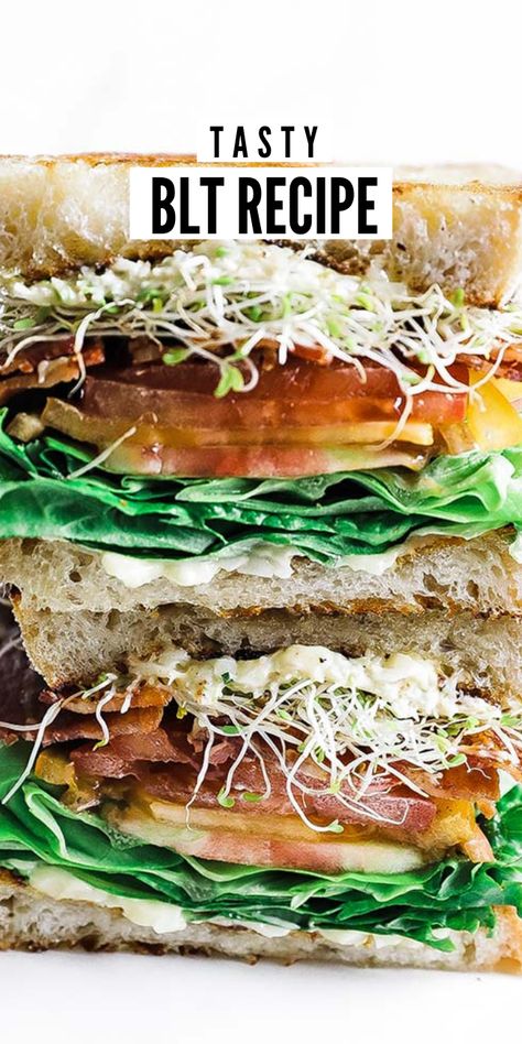 This delicious homemade BLT Sandwich recipe is stacked high with crisp lettuce, fresh tomatoes, crispy bacon, and aioli on toasted sourdough bread. Healthy Blt Sandwich, Sourdough Sandwich Recipes, Blt Sandwich Recipes, Blt Recipes, Sandwich Sauces, Healthy Sandwich Recipes, Sourdough Bread Sandwiches, Sourdough Sandwich, Blt Sandwich