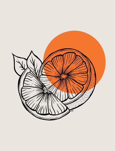 Orange Illustration Art, Illustration Simple Art, Orange Leaf Tattoo, Simple Orange Drawing, Orange Drawing Simple, Cute Orange Drawing, Orange Slice Drawing, Tangerine Drawing, Simple Procreate Art