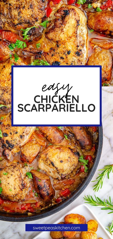 Chicken Scarpariello is a simple Italian-American classic ready in under 60 minutes. This one pan meal features tender juicy chicken thighs and sweet Italian sausage simmered in a sweet and sour sauce of pickled peppers, onions, garlic, and wine. Served with crispy oven roasted fingerling potatoes this easy recipe is full of bold flavors and is a mouthwatering dinner you have to try. Chicken Scarpiello Recipe, Chicken Scarpariello With Sausage And Potatoes, Chicken Scarpariello Recipe Simple, Italian Chicken Thighs Recipes, Chicken Scarpariello With Sausage, Chicken And Italian Sausage Recipes, Sausage And Chicken Recipes, Chicken Italian Sausage Recipes, Italian Sausage And Chicken