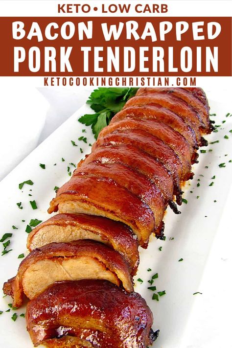 Keto Bacon Recipes, Bacon Wrapped Pork Tenderloin Recipes, Bacon Wrapped Tenderloin, Keto Pork Recipes, Bacon Wrapped Pork Loin, Keto Meats, Wrapped Pork Tenderloin, Baked Pork Tenderloin, Bacon Wrapped Pork Tenderloin