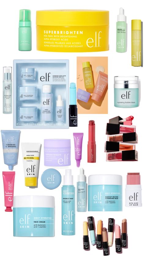 Elf skincare pic collage with lip balms and lip oils Skincare Collage, Elf Lip Balm, Elf Skincare, Pic Collage, Bubble Mask, Lip Oils, Elf Cosmetics, Lip Balms, Gift List