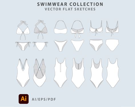 Swimwear technical drawings in vectors  (AI, EPS and PDF files) Set of fashion drawings in vectors which are full editable.  You can use them as base the to create your own designs.  Inside you can find 6 styles swimwear models. Product Details: - Set of vector flat sketches for swimwear designs - Drawings are full editable, so you can easy create your own designs - Perfect for fashion designers and fashion design students - Compatible with fashion design software and programs Digital file types Swimwear Technical Drawing, Clothes Design Drawing, Fashion Design Software, Fashion Vector, Flat Drawings, Fashion Illustrations Techniques, Technical Drawings, Fashion Drawings, Ipad Drawings