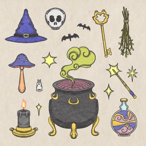 Candy Vector, Magic Doodle, Astrological Elements, Magic Elements, Witch Stickers, Bubble Goth, Witch Pictures, Digital Bullet Journal, Magic Witch