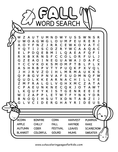 Free Fall Word Search Printables for Kids - Cute Coloring Pages For Kids Halloween Word Search Printables, Fall Word Search, Cute Coloring Pages For Kids, Free Word Search Puzzles, Kids Word Search, Free Printable Word Searches, Word Search Puzzles Printables, Free Word Search, Halloween Word Search