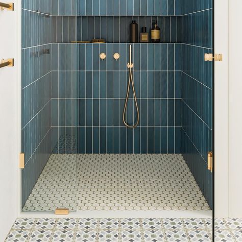 Vertical Shower Tile, Small Bathroom Renos, Blue Shower Tile, Tile Shower Niche, Summer Plan, Bedrosians Tile, Tub Ideas, Master Shower, Master Bath Remodel