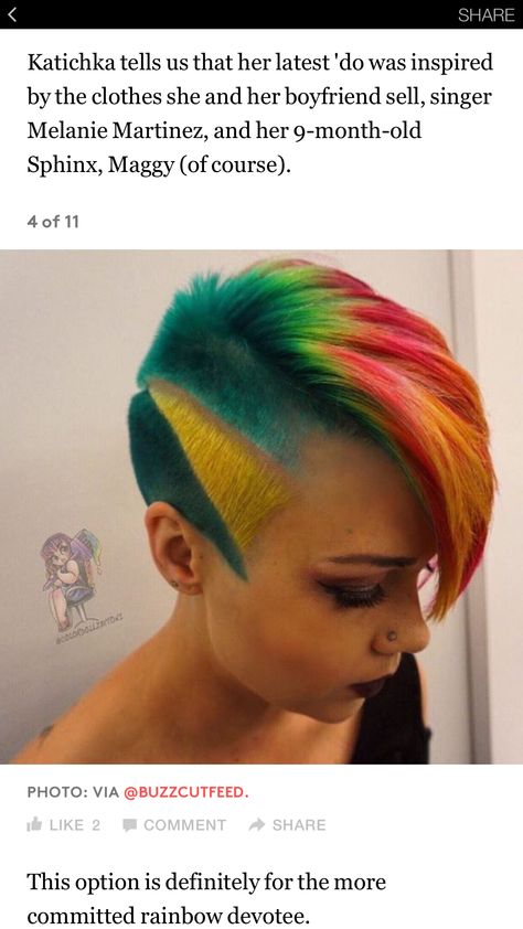 Rainbow shaved side Neon Hair Color, Shorts Hair, Hair Couture, Mermaid Hair Color, Undercut Designs, Undercut Hairstyle, Shaved Hair Designs, Creative Hair Color, Rainbow Hair Color