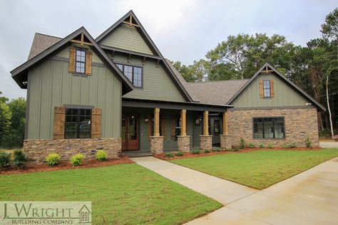 Beautiful custom-built home with nature-inspired colors and materials on Indian Lake in Pelham, AL Sage Green House Exterior, Exterior Cabin, Cabin Colors, Sage Green House, Green House Exterior, Cabin Exterior, Exterior Paint Colors For House, Casa Container, House Of Beauty