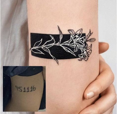 Blacked Tattoo Cover Up, Cover Up For Black Tattoo, Tattoo Covers For Women, Text Tattoo Cover Up Ideas, Minimalist Coverup Tattoo, White Ink Cover Up Tattoo, Women Patchwork Tattoo Ideas, Black Lettering Tattoo Cover Up, Coverup Word Tattoo Ideas