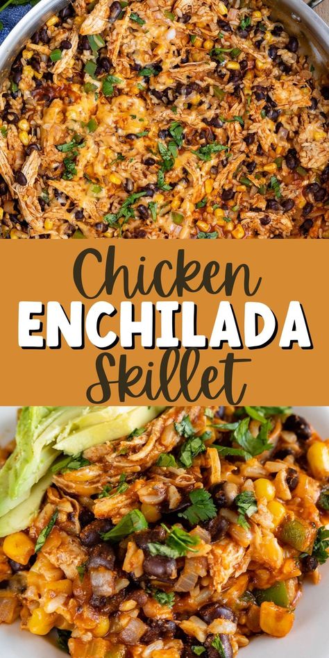 20 minute meal - this easy chicken recipe is great for a weeknight! Turn Enchiladas into a skillet meal with prepared chicken and rice. This is a great lunch recipe too. Chicken Skillet Meals, Skillet Suppers, 20 Min Meal, Rice Skillet Meals, Enchilada Skillet, Chicken Enchilada Skillet, Weight Watchers Dinner, Easy Enchiladas, Electric Skillet