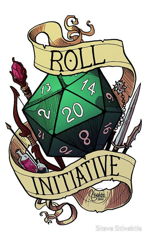 Roll Initiative by Steve Stivaktis Dnd Themed Tattoos, Dnd Logo, Dnd Stickers, Tattoo Aesthetics, Daniel Tattoo, Dice Art, Dnd Board, Dice Tattoo, Making Stickers