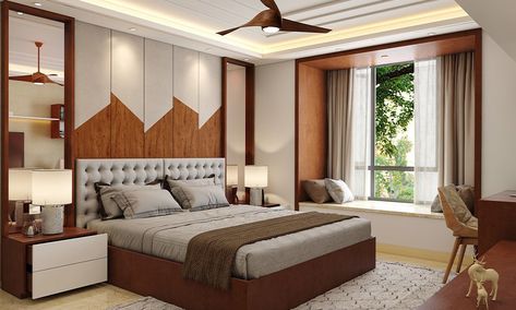 Master bedroom bay window, which acts as a focal point of the space Bedroom With Bay Window, Bedroom Layout Design, Arranging Bedroom Furniture, Small Bedroom Furniture, Simple Bedroom Design, Modern Bedroom Design, Bedroom Layouts, Simple Bedroom, Room Ideas Bedroom