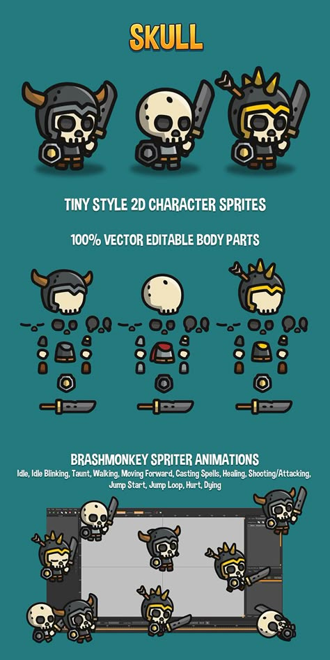 We publish Skull Tiny Style 2D Character Sprites. This set includes 3 skeleton warriors. 2d Character Design Game, Skull Character Design, Skeleton Pixel Art, Pixel Character Sprite, 2d Sprite, Tiny Characters, 2d Game Art Character, 2d Game Character Design, 2d Character Design