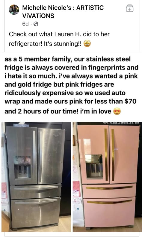 How To Vinyl Wrap A Fridge, Pink Wrapped Fridge, Pink Fridge Aesthetic, Rose Gold Kitchen Ideas, Pink And Gold Kitchen, Gold Fridge, Color Appliances, Appliance Makeover, Pink Refrigerator