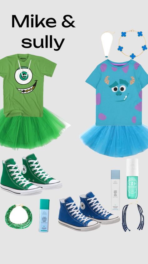 Mile And Sully Costumes, Silly And Mike Costume, 90s Halloween Outfits, Diy Mike And Sully Costume, Mike And Sully Costume Best Friends, Diy Mike Wazowski Costume Women, Mike Sully And Boo Costumes, Mike And Sully Halloween Costumes, Mike Wazowski And Sully Costume