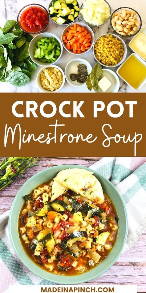 Crockpot Soup Recipes Minestrone, Easy Minestrone Soup Crockpot, Vegetable Minestrone Soup Slow Cooker, Crock Pot Minestrone, Healthy Minestrone Soup Crockpot, Vegetarian Minestrone Soup Crockpot, Slow Cooker Minestrone Soup, Slow Cooker Minestrone, Vegetable Noodle Soup