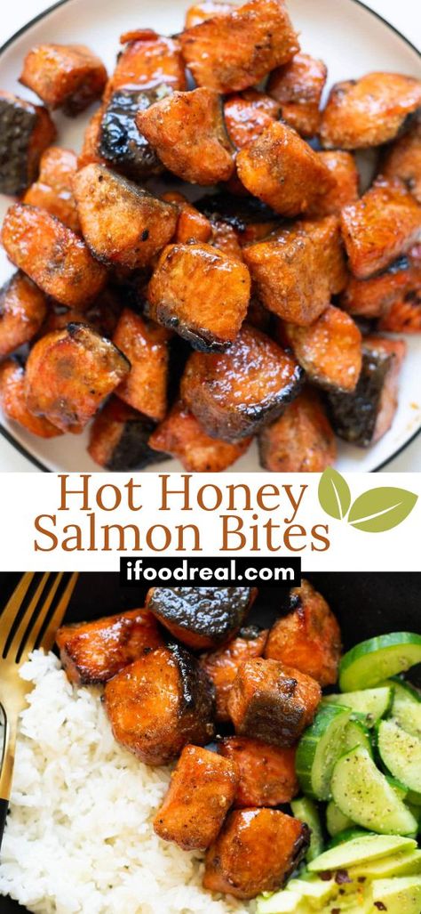 Hot Honey Salmon Bites are baked pieces of tender and flaky salmon, then coated in sweet and spicy honey. Ready in 25 minutes, it’s a great high protein weeknight dinner perfect in bowls or serve as an appetizer. Air Fryer Hot Honey Salmon Bites, Hot Honey Appetizers, Hot Honey Salmon Bites, Honey Salmon Bites, Hot Honey Salmon, Honey Appetizers, Lox Recipe, Salmon Stir Fry, Salmon Bites Recipe