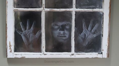 I've used vintage windows for decorating before but this is the first time for my Halloween decor. What's creepier than a face peering at you in the window. Mirror Effect Spray Paint, Floating Ghosts, Window Poster, Fall Decor Dollar Tree, Casa Halloween, Glass Picture Frames, Adornos Halloween, Halloween Window, Ghost Decoration