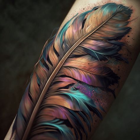 Ladies Hip Tattoo Ideas, Colorful Feather Tattoos For Women, Flamingo Feather Tattoo, Dark Tattoos Women, Feather Tattoo Women, Purple Feather Tattoo, Ombre Tattoos, Colorful Feather Tattoo, Angel Wing Tattoo Designs