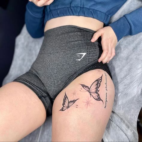 Tattoo Butterfly Thigh, Butterfly Tattoo Upper Thigh, Angel Tattoo Thigh, Big Butterfly Tattoo On Thigh, Angel Butterfly Tattoo, Palm Sized Tattoos, Palm Size Tattoos Ideas, Small Butterfly Tattoo Designs, Meaningful Butterfly Tattoo