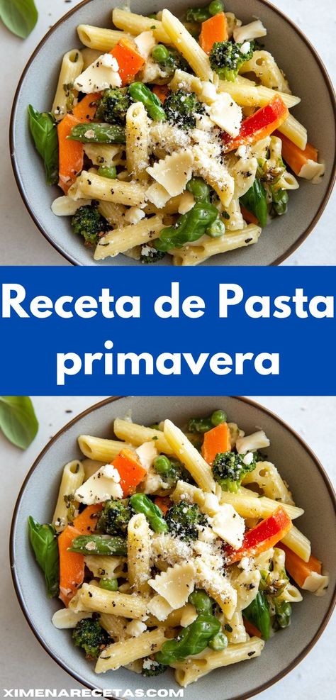 Prepara una Pasta primavera llena de sabor en minutos. Esta receta sencilla utiliza ingredientes frescos de temporada, ofreciendo una comida equilibrada que encantará tanto a adultos como a niños. Pasta Alfredo, Pasta Primavera, Alfredo, Pasta