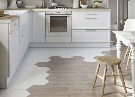 combined kitchen flooring hexagon tiles creative design ideas #kitchen #interiors Kitchen Floor Tile Design, Floor Tiles Design, Flooring Trends, Hexagon Tiles, Kitchen Floor Tile, Flooring Ideas, Wood Tile, Kitchen Tiles, White Cabinets