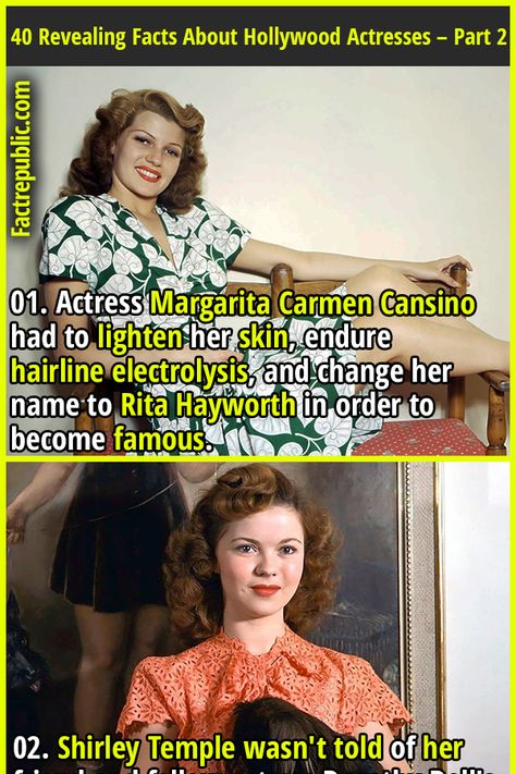 01. Actress Margarita Carmen Cansino had to lighten her skin, endure hairline electrolysis, and change her name to Rita Hayworth in order to become famous. #women #female #popular #famous #celebrity #hollywood #woman Rita Hayworth Before And After, Hollywood Beautiful Celebrities, Old Hollywood Women, Full Moon Affirmations, Moon Affirmations, Random Fun Facts, Doris Day Show, Tim Story, Natalia Tena