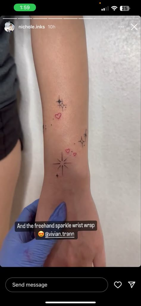 Constellation Wrap Around Tattoo, Wrist Wrapping Tattoos, Star Arm Band Tattoo, Stars Wrapped Around Arm Tattoo, Wrist Sparkle Tattoo, Forearm Tattoo Women Stars, Sparkle Arm Tattoo, Star Tattoos On Arm, Star Wrap Around Tattoo