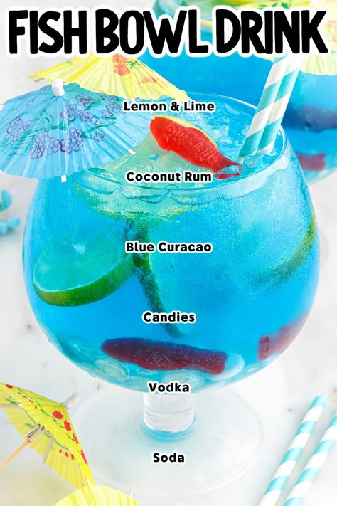 Fish Bowl Drink, Gummy Bear Drink, Blue Alcoholic Drinks, Mixed Drinks Alcohol Recipes, Blue Curacao Drinks, Fishbowl Drink, Fish Cocktail, Gummy Fish, Bowl Cocktails