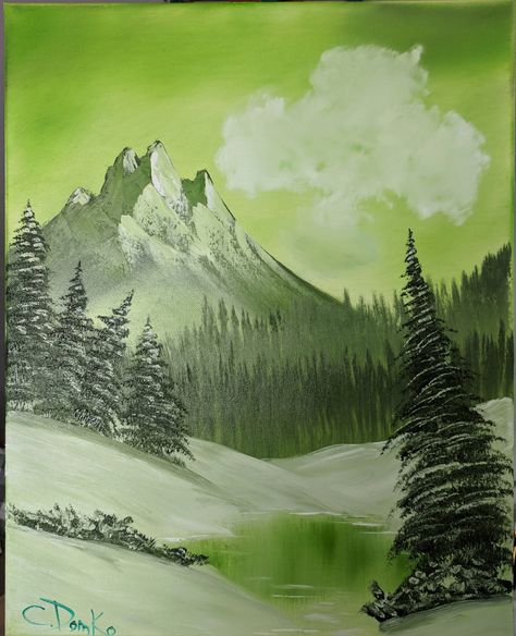 Painting Monochromatic, St Patrick's Day Art, Mountain Oil Painting, Monochromatic Artwork, Bob Ross Art, Monochromatic Painting, Green Painting, Painting Green, Green Paintings