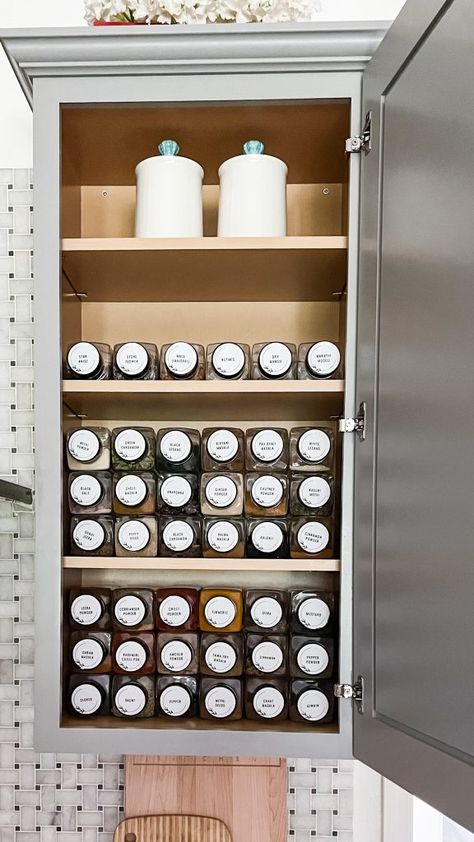 Spice Cabinet Organization - Easy and Inexpensive Open Shelf Spice Storage, Spice Organization In Cabinet, Bulk Spice Organization, Organizing Spice Cabinet, How To Organize Spices In Small Cabinet, Space Saving Spice Storage, Bulk Spice Storage, Organizing Spices In Small Cabinet, How To Organize Spices