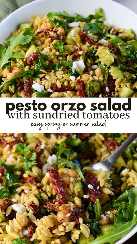 Orzo Appetizer, Meal Prep Pasta Salads, Orzo Recipes Cold, Orzo Lunch Recipes, Christmas Orzo Salad, Recipes Using Sundried Tomatoes, Tomato Pesto Salad, Cold Pesto Salad, Anti Pesto Salad