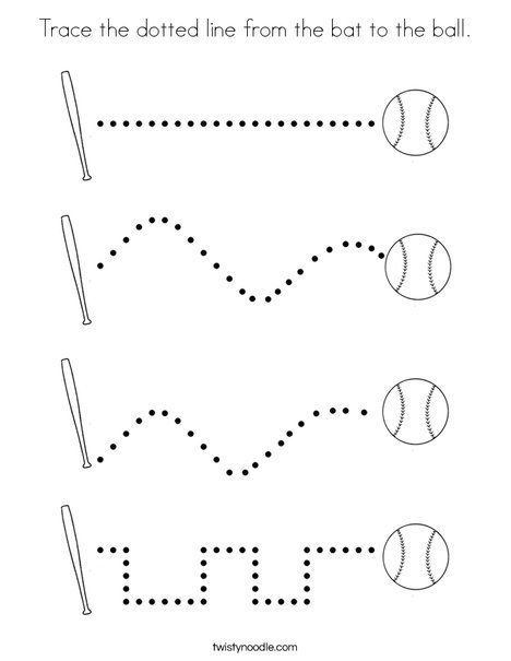 Trace the dotted line from the bat to the ball Coloring Page - Twisty Noodle Soccer Ball Crafts Preschool, Baseball Preschool Activities, Sports Lesson Plans, Sport Themed Crafts, Baseball Activities, Creative Curriculum Preschool, Sports Theme Classroom, Nursery Crafts, Sports Coloring Pages