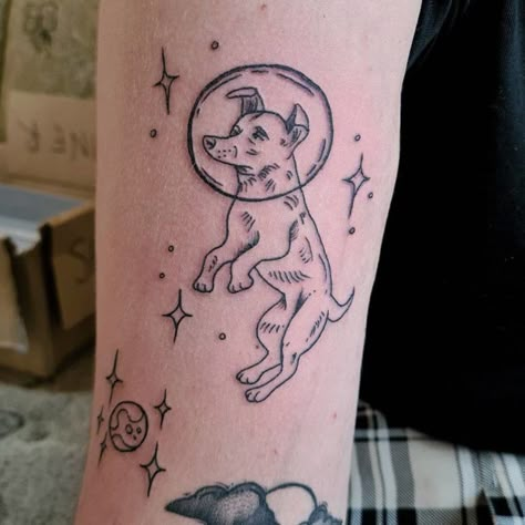 Laika Tattoo Dogs, Astronaut Flash Tattoo, Laika The Space Dog Tattoo, Patchwork Dog Tattoo, Space Animal Tattoo, Dog In Space Tattoo, Laika Dog Tattoo, Astronaut Dog Tattoo, Laika Space Dog Tattoo